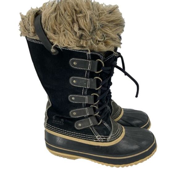 Sorel Joan of Arctic Snow Boots Leather Rubber Faux Fur Waterproof Black Size 7 - Picture 1 of 13